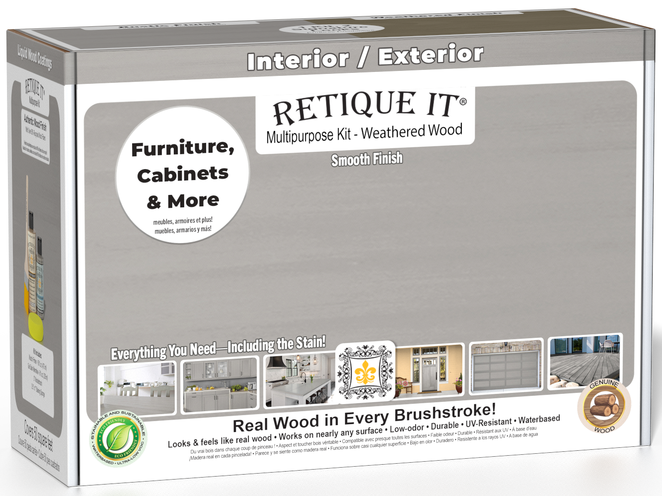 Retique It® Multi-purpose Smooth Finish Kit in Weathered Wood, featuring brushes and tools for wood finishing projects.
