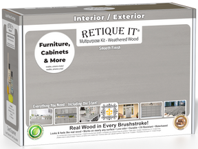 Retique It® Multi-purpose Smooth Finish Kit in Weathered Wood, featuring brushes and tools for wood finishing projects.