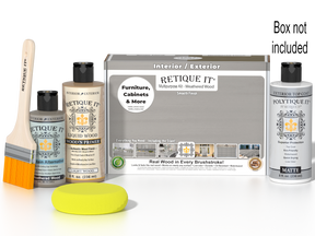 Retique It® Wood'n Finish Kit in Weathered Wood with exterior top coat, includes brushes and tools for smooth finish on wood surfaces.