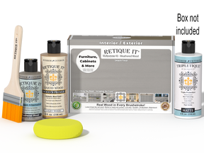 Retique It® Wood'n Finish Kit in Weathered Wood with smooth top coat for interior wood furniture and surfaces.