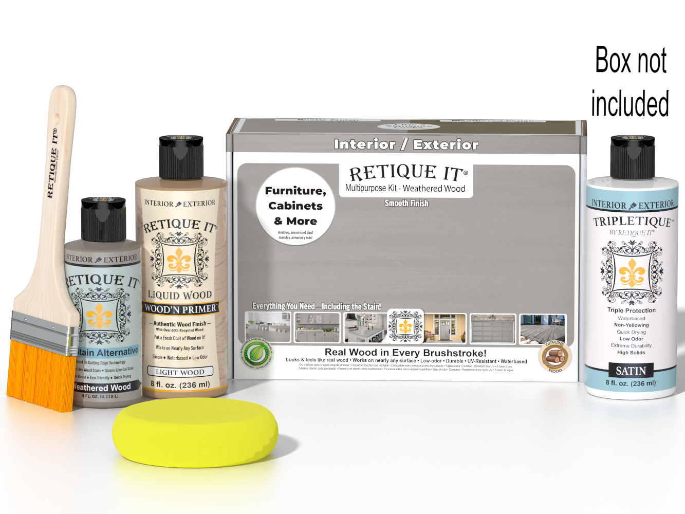 Retique It® Wood'n Finish Kit in Weathered Wood with smooth top coat for interior projects, shown with application tools and sample finish.