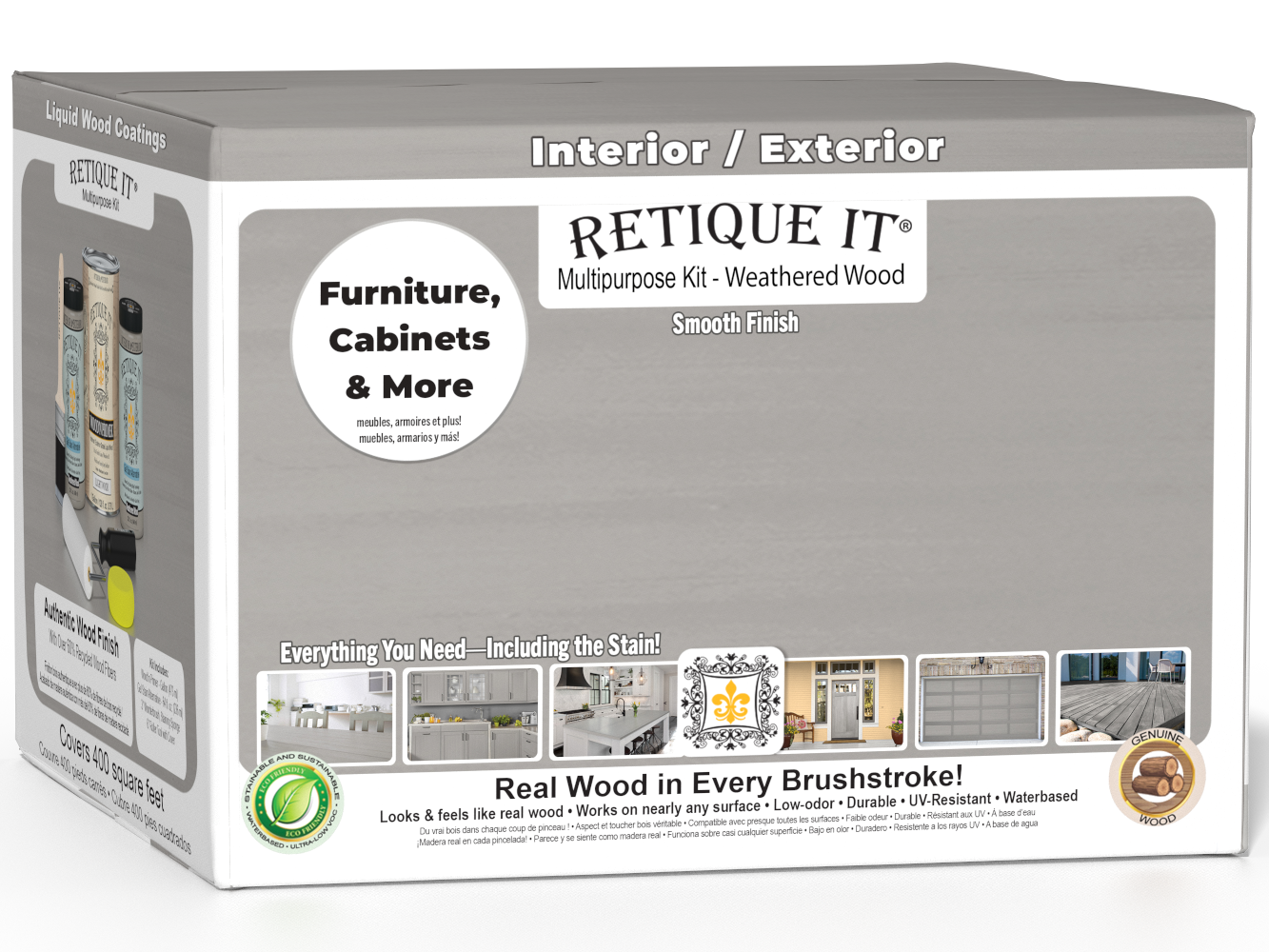 Retique It® Multi-purpose Smooth Finish Kit in Weathered Wood for exterior wood surfaces, includes four large top coat containers.