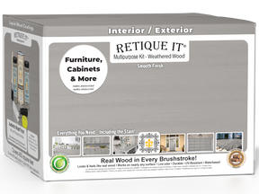 Retique It® Weathered Wood Multi-purpose Smooth Finish Kit with four large containers, designed for wood finishing projects.