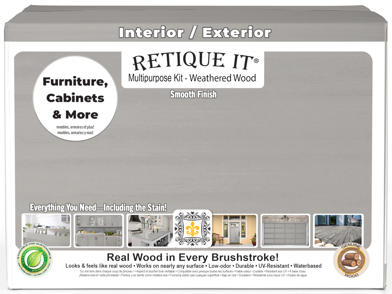 Retique It® weathered wood exterior top coat kit with four large containers of multi-purpose smooth finish for wood surfaces.