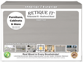 Retique It® weathered wood exterior top coat kit with four large containers of multi-purpose smooth finish for wood surfaces.