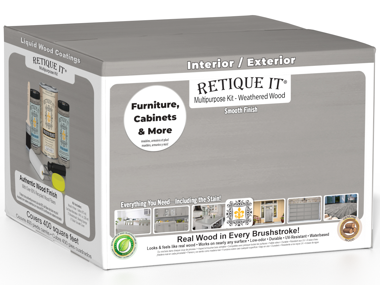 Retique It® Multi-purpose Smooth Finish Kit in Weathered Wood for interior top coating, featuring four large components in a box.