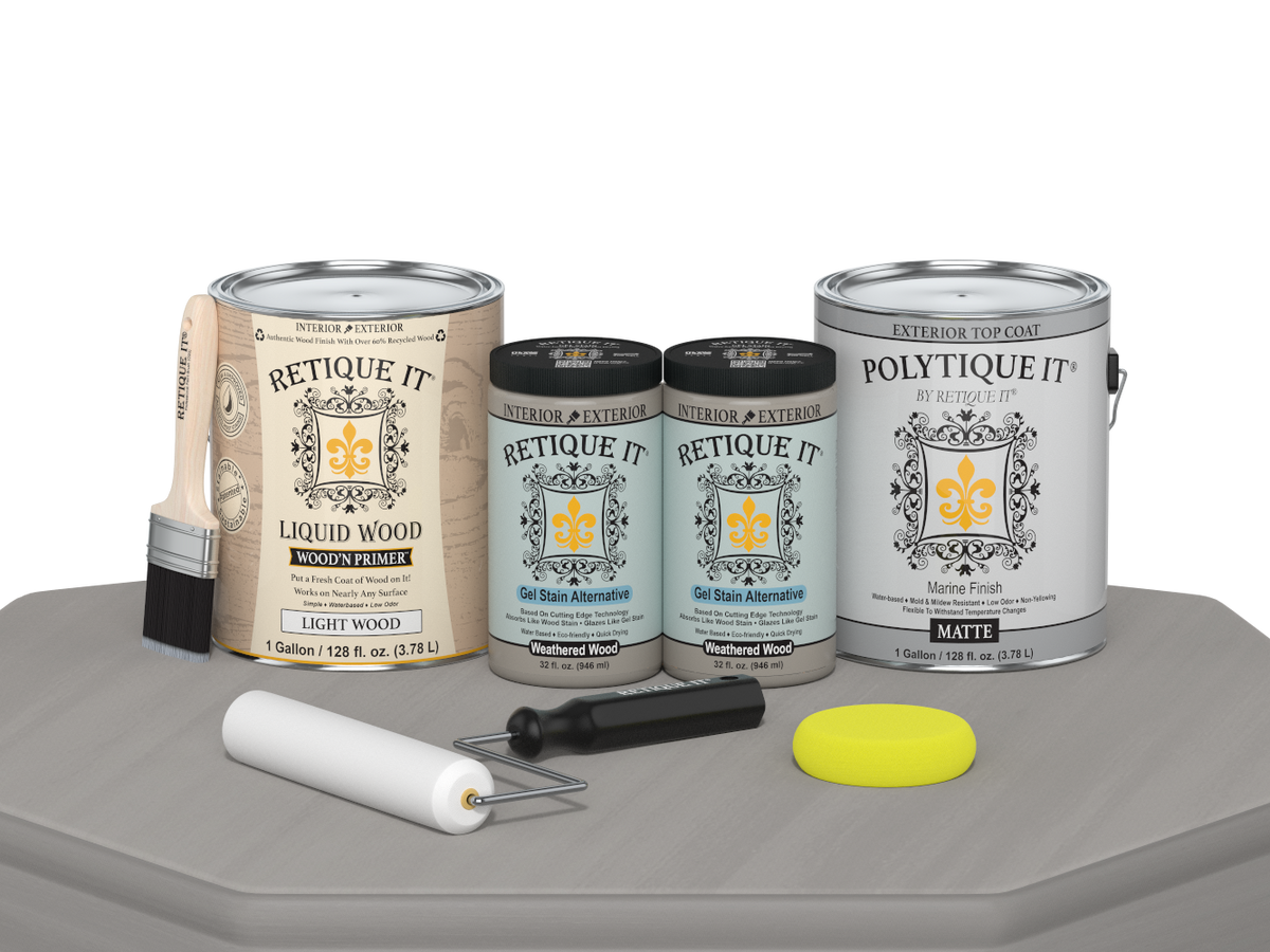 Retique It® Weathered Wood Multi-purpose Smooth Finish Kit with 4 large exterior top coat bottles, matte finish on wood surface.