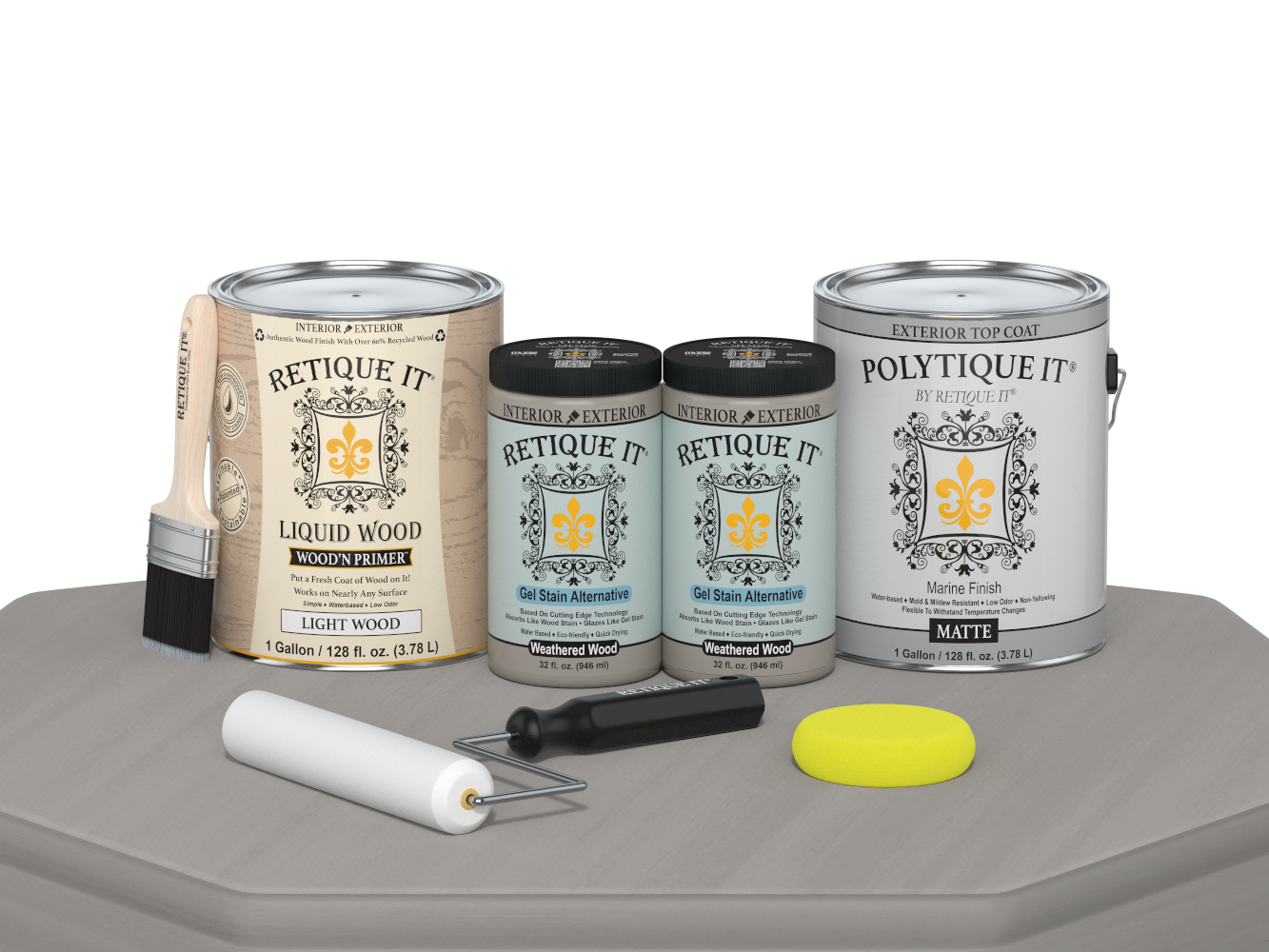 Retique It® Weathered Wood Multi-purpose Smooth Finish Kit with 4 large exterior top coat bottles, matte finish on wood surface.