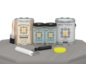 Retique It® Weathered Wood Multi-purpose Smooth Finish Kit with 4 large exterior top coat bottles, matte finish on wood surface.