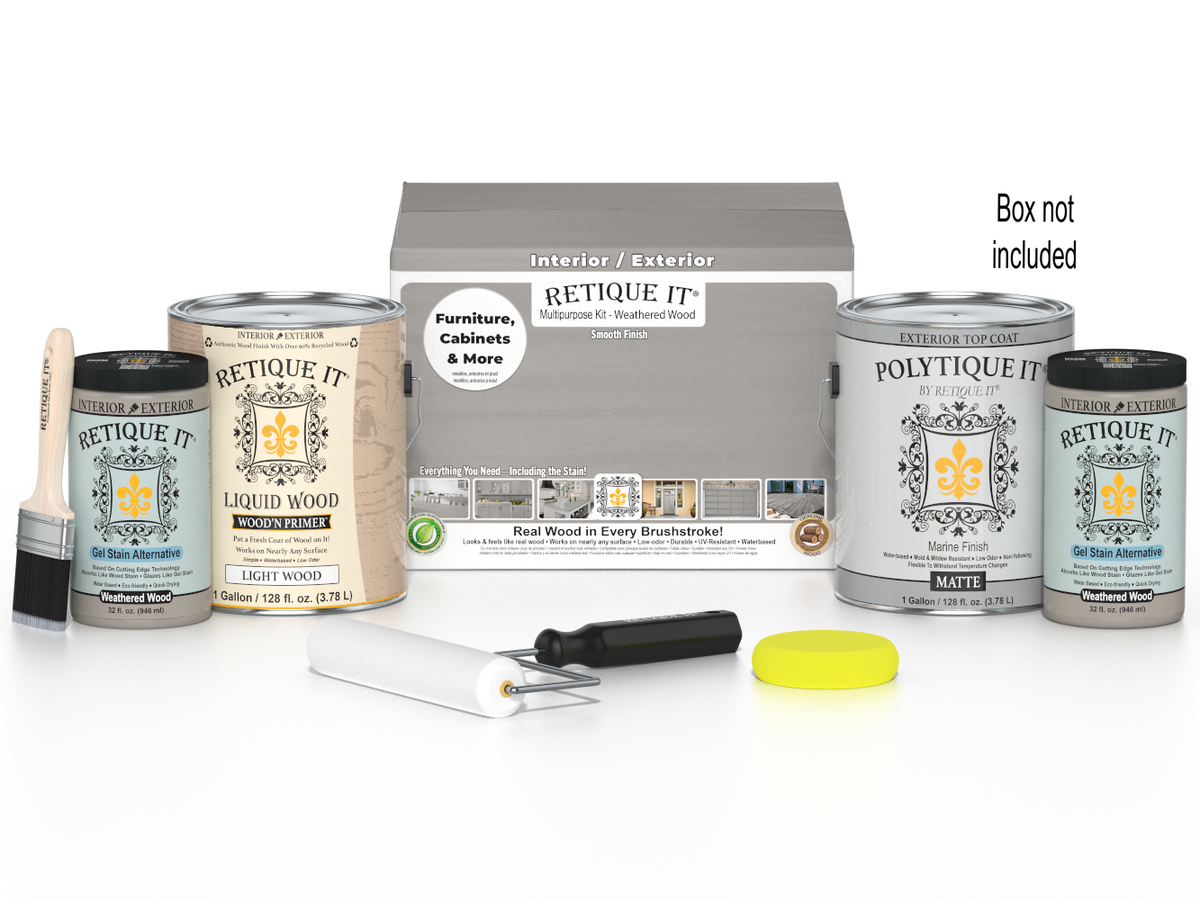 Retique It® Weathered Wood multi-purpose exterior top coat kit with four large containers and application tools for wood finishing.