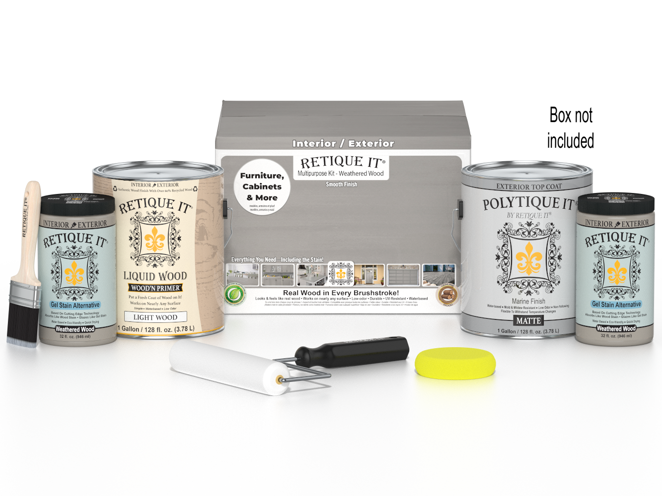 Retique It® Weathered Wood multi-purpose exterior top coat kit with four large containers and application tools for wood finishing.