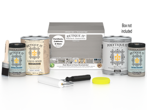Retique It® Weathered Wood Multi-purpose Smooth Finish Kit with 4 large exterior top coat bottles, matte finish on wood surface.