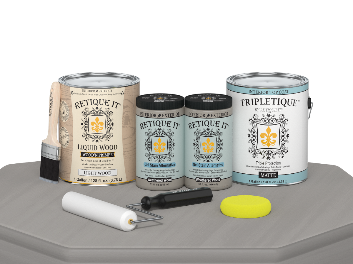 Retique It® wood finish kit with four weathered wood interior top coat bottles, matte smooth finish, for multi-purpose use.