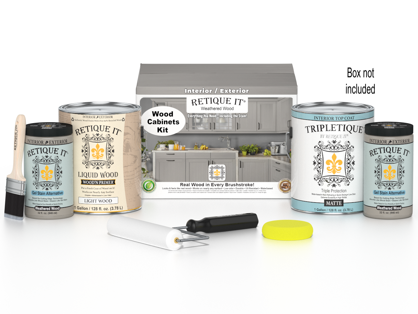 Retique It® Wood'n Cabinet Kit with 48 weathered wood doors and smooth finish, stain for kitchen or bathroom cabinetry.