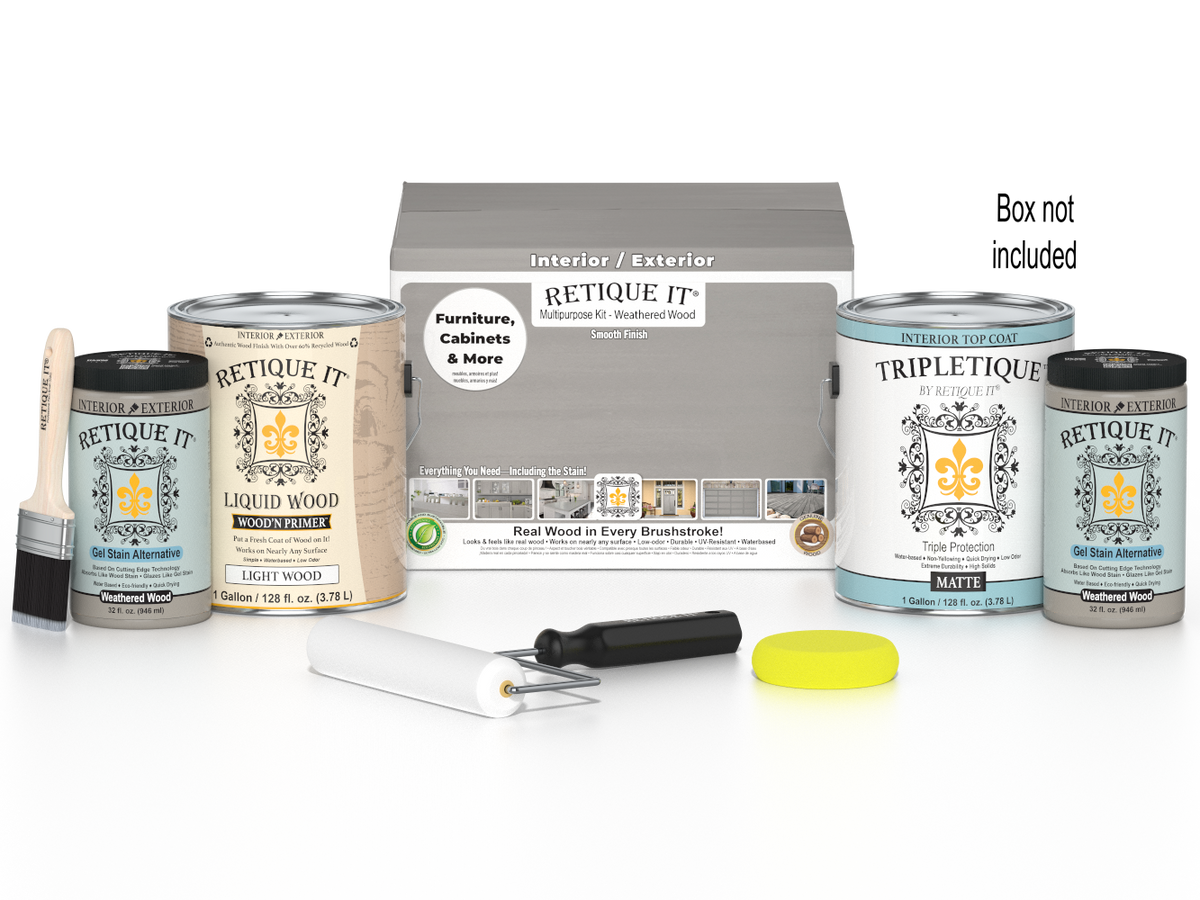 Retique It® Weathered Wood Multi-purpose Smooth Finish Kit with 4 large top coats for interior wood furniture and surfaces.