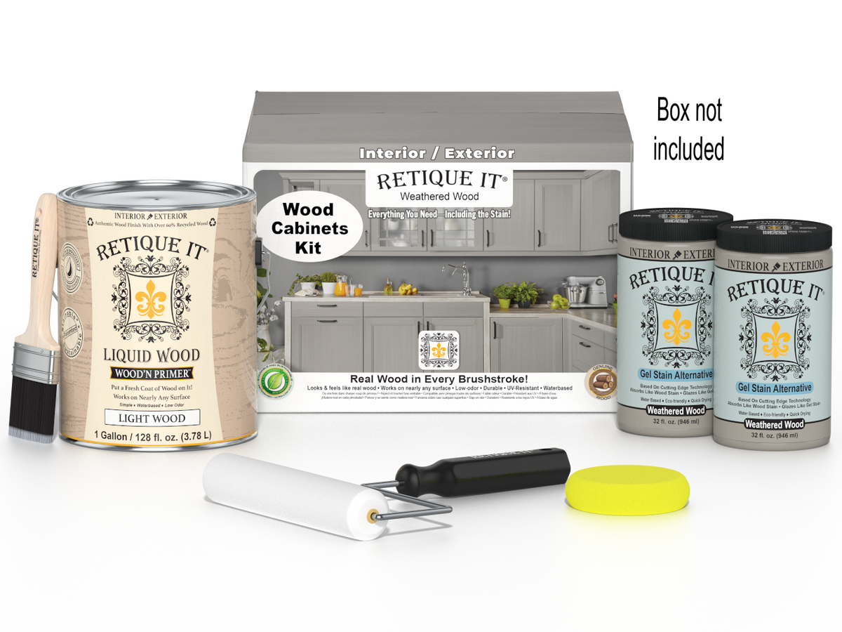 Weathered wood stained Wood'n Cabinet Kit with 48 smooth doors by Retique It® for a weathered, rustic look.