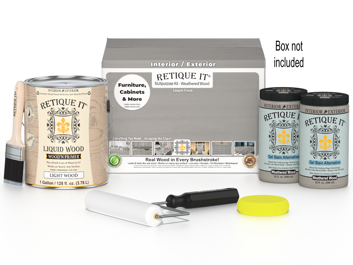 Retique It® Weathered Wood Multi-purpose Smooth Finish Kit with four large containers, designed for wood finishing projects.