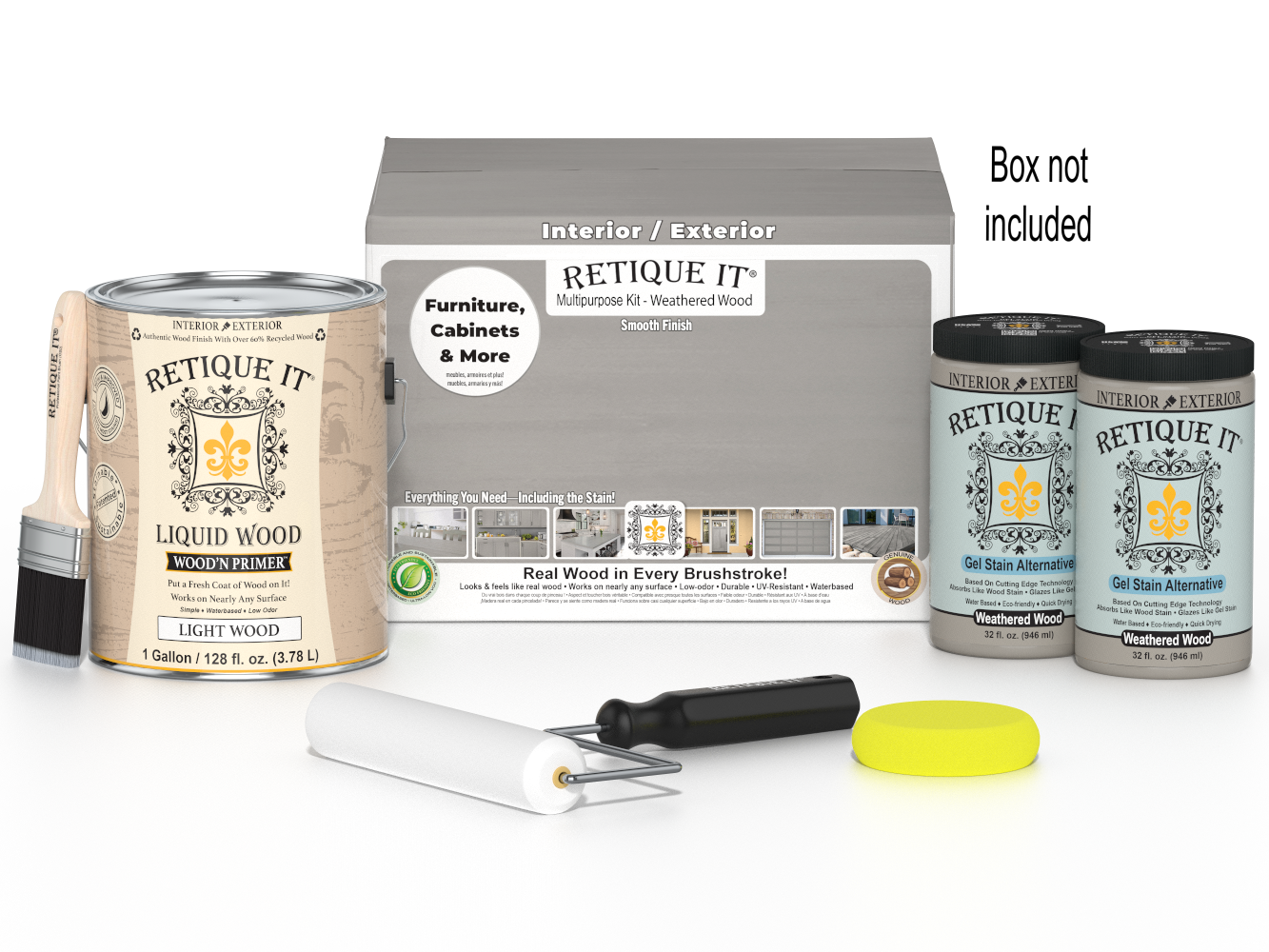 Retique It® multi-purpose wood finish kit with four large weathered wood stain and sealant bottles, perfect for furniture and crafts.