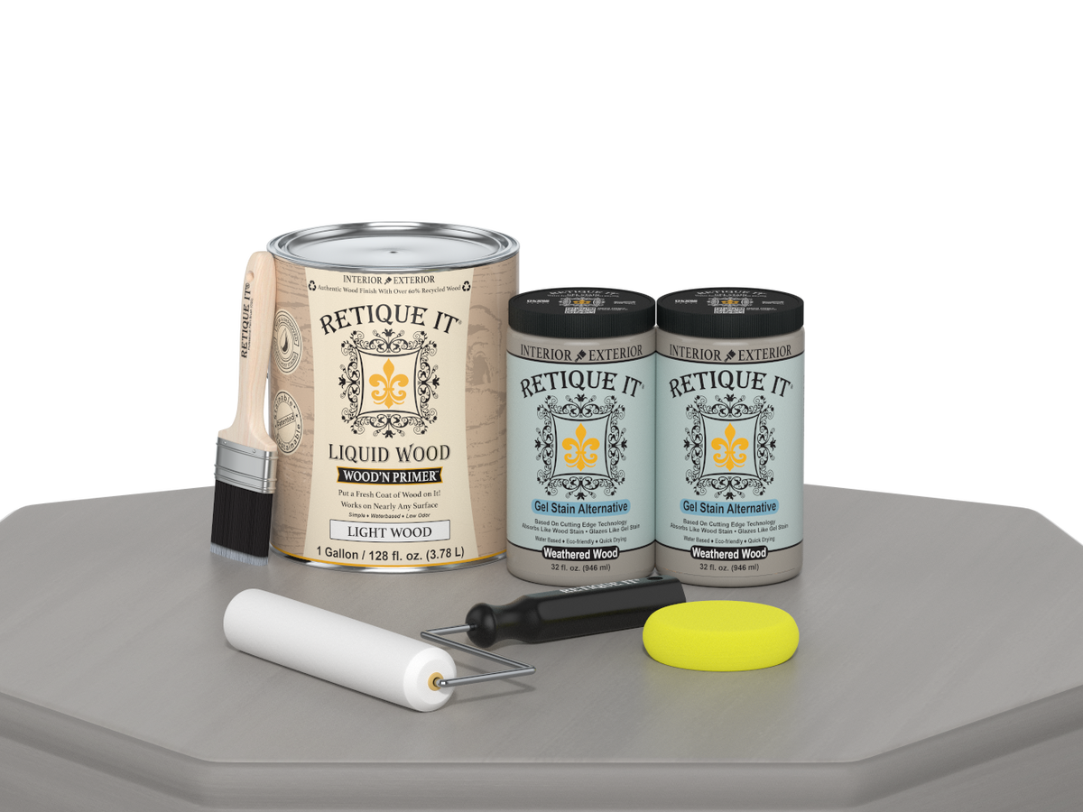 Weathered Wood Multi-purpose Smooth Finish Kit by Retique It® with four large wood finishing tools on a table.