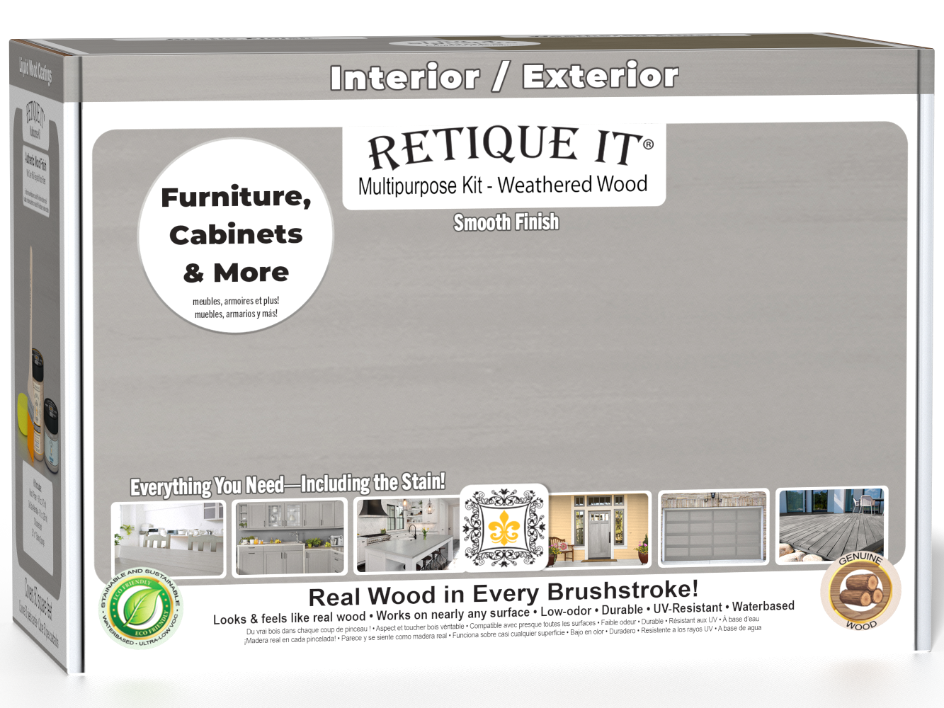 Retique It® Multi-purpose Smooth Finish Kit in Weathered Wood for interior top coating, includes wood finish and application tools.