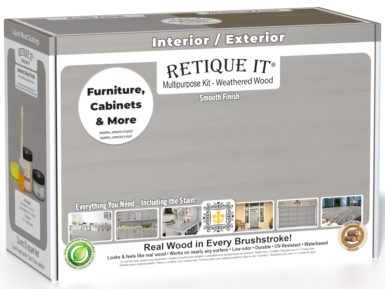 Retique It® Wood'n Finish Kit in Weathered Wood with smooth finish, featuring brushes and application tools for multi-purpose wood finishing.