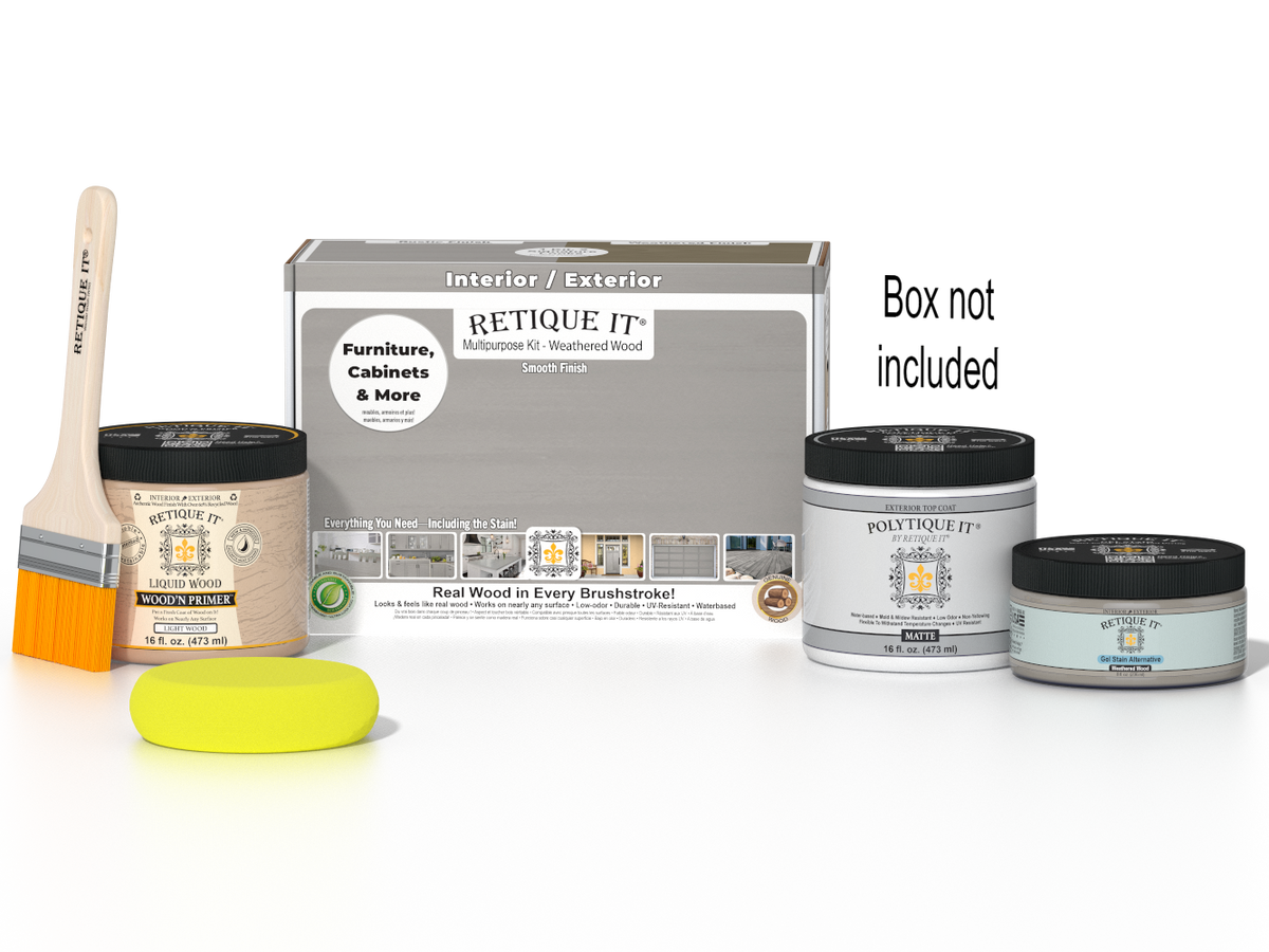 Retique It® Weathered Wood Multi-purpose Smooth Finish Kit for exterior top coat, includes tools and materials in the box.