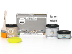 Retique It® Weathered Wood Multi-purpose Smooth Finish Kit for exterior top coat, includes tools and materials for wood finishing.