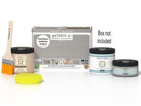 Retique It® Multi-purpose Smooth Finish Kit in Weathered Wood for interior wood projects, includes top coat and application tools.