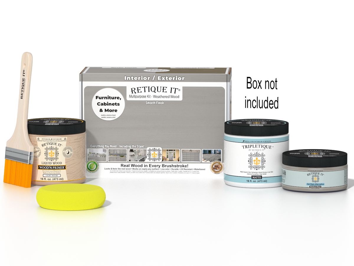 Retique It® Multi-purpose Smooth Finish Kit (Med) in Weathered Wood for interior top coat with a matte finish, includes box and application tools.