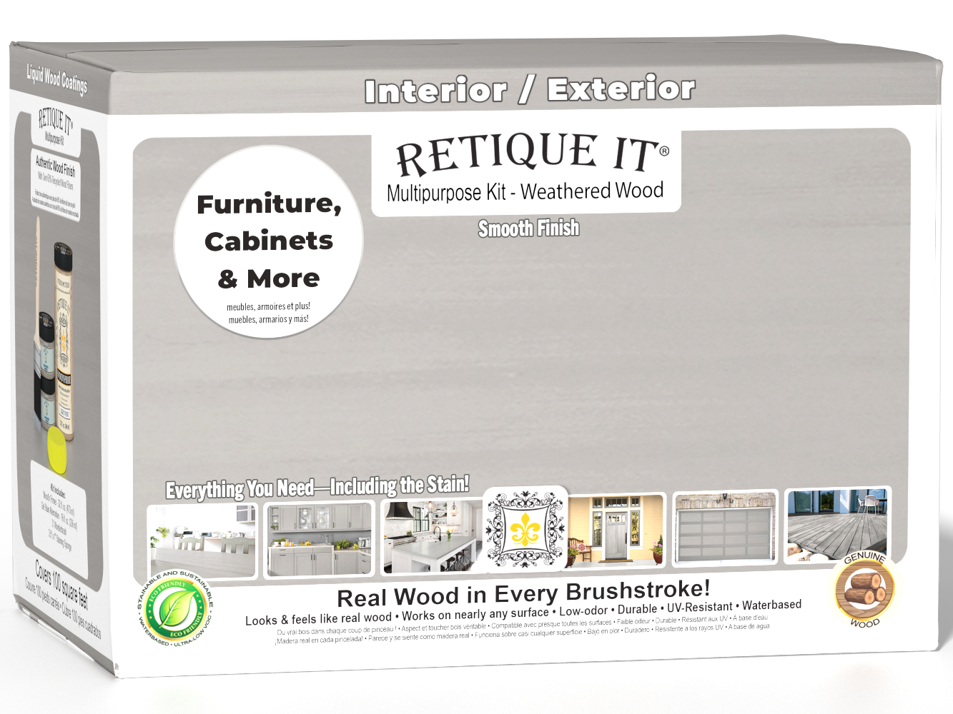 Large Weathered Wood Multi-purpose Smooth Finish Kit by Retique It® for exterior top coat with a matte finish, includes wood treatment supplies.