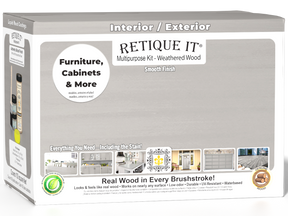 Large Weathered Wood Multi-purpose Smooth Finish Kit by Retique It® for exterior top coat with a matte finish, includes wood treatment supplies.
