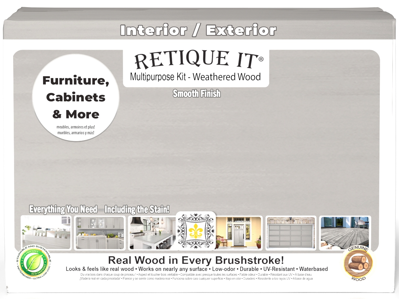 Retique It® Multi-purpose Smooth Finish Kit in Weathered Wood for exterior top coat, large size with matte finish, wood surface.