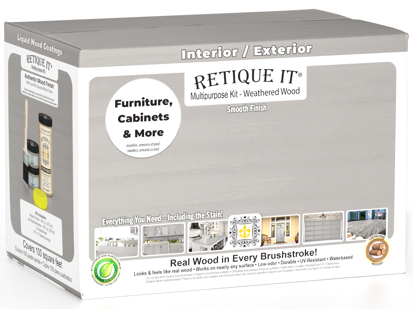 Retique It® Multi-purpose Smooth Finish Kit in Weathered Wood for exterior top coat, large size with matte finish, wood surface application