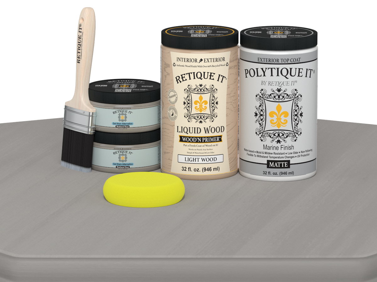 Large Weathered Wood Multi-purpose Smooth Finish Kit by Retique It® for exterior wood top coating, featuring a matte finish.