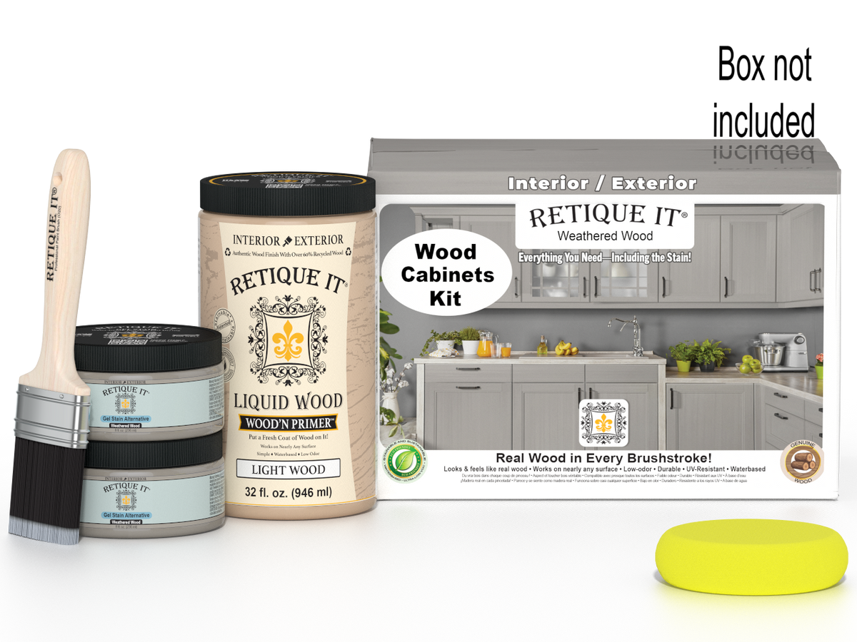 Weathered wood stain cabinet kit with 12 smooth doors from Retique It® Wood'n Cabinet Kit series, shown with box and cabinet doors.
