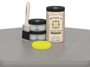 Weathered wood stain kit by Retique It® for cabinets, featuring 12 smooth door panels with a weathered wood finish.