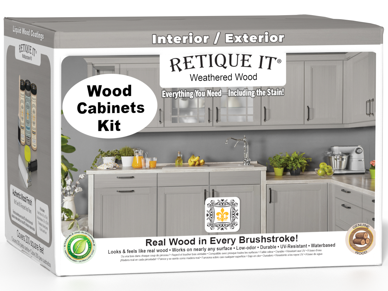 Weathered wood stain kit for cabinets with 24 smooth doors by Retique It®; includes wood stain products for cabinetry.