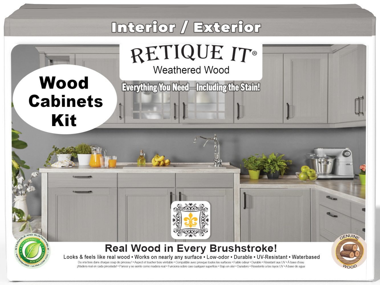 Weathered wood Wood'n Cabinet Kit with 24 smooth doors by Retique It® showing front view of stained cabinets.