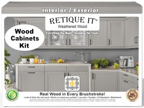 Weathered wood Wood'n Cabinet Kit with 24 smooth doors by Retique It® showing front view of stained cabinets.