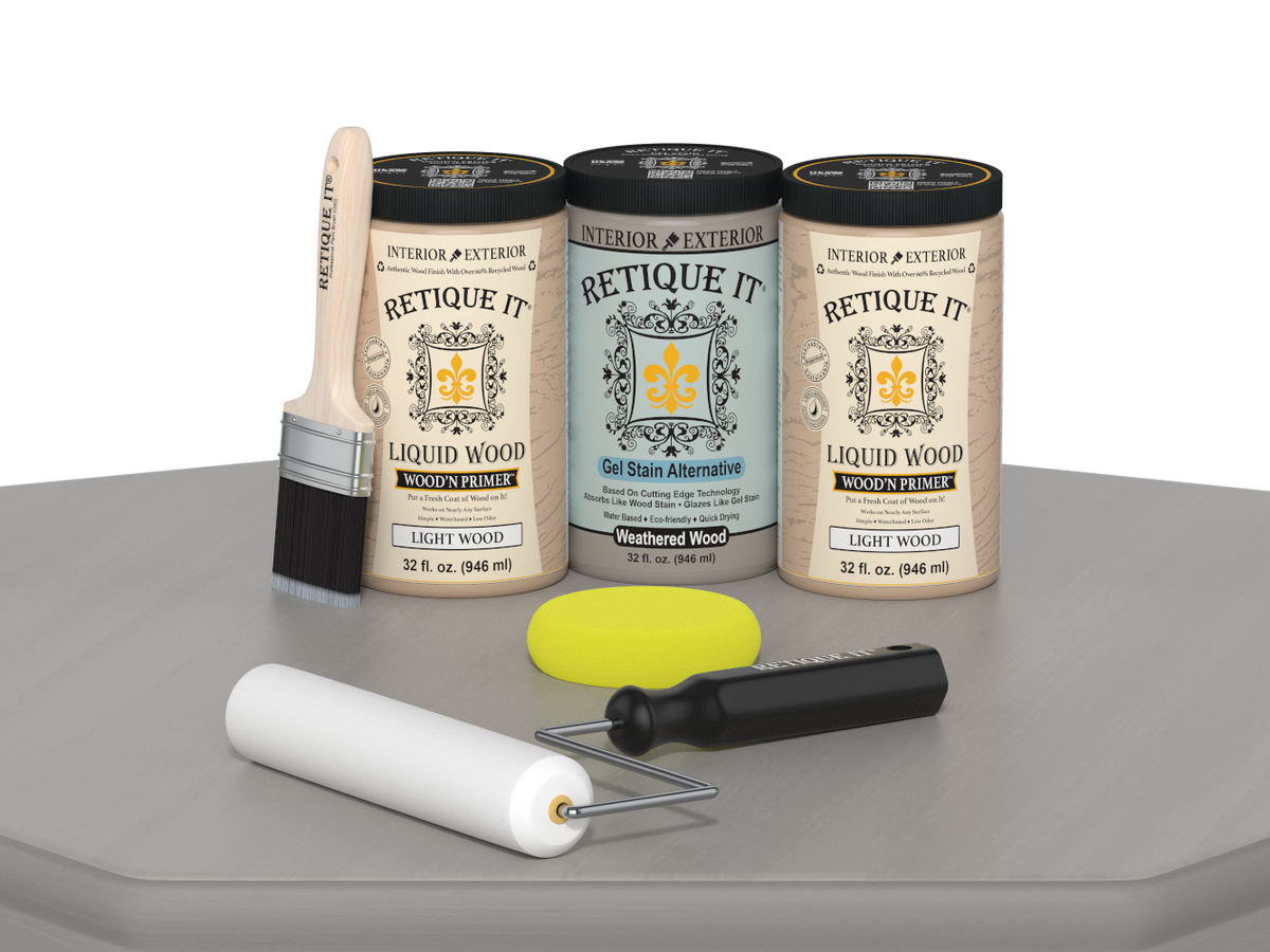 Weathered Wood Wood'n Cabinet Kit with 24 smooth doors from Retique It®, featuring stain finishes for stylish kitchen cabinetry.