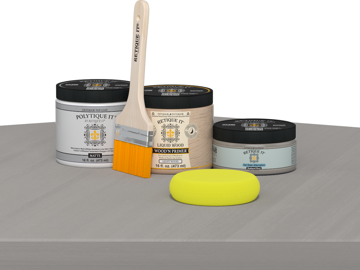 Retique It® Multi-purpose Smooth Finish Kit in Weathered Wood for exterior wood surfaces, includes top coat and application tools.