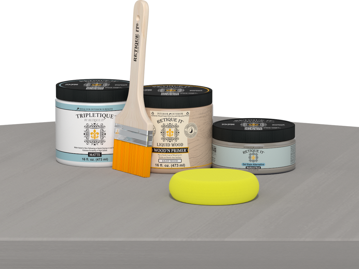 Retique It® Multi-purpose Smooth Finish Kit in Weathered Wood for interior top coat with satin finish, includes application tools.