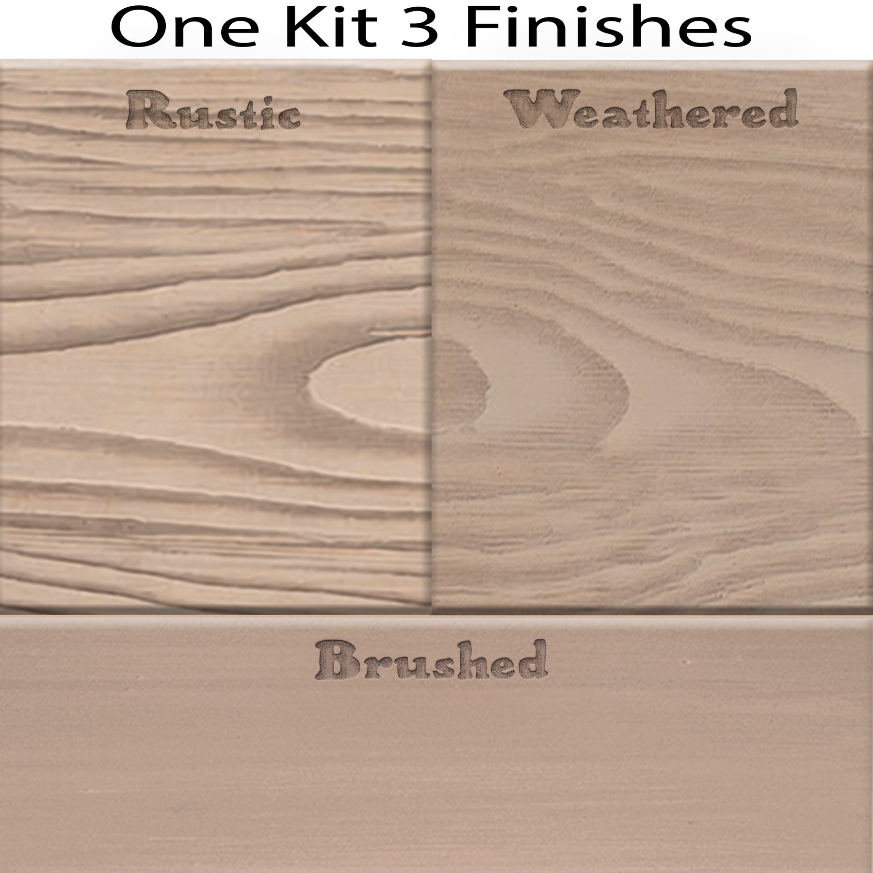 Retique It® French Oak kitchen island countertop stain kit with three finish samples on wood swatches.