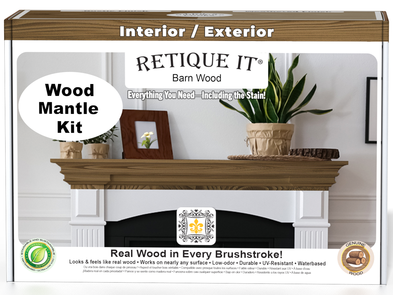 Retique It® Barn Wood Fireplace Mantel Wood'n Finish Kit stain, showing the textured wood grain and barn wood finish on a mantel.