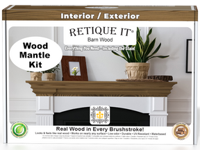 Retique It® Barn Wood Fireplace Mantel Wood'n Finish Kit stain, showing the textured wood grain and barn wood finish on a mantel.