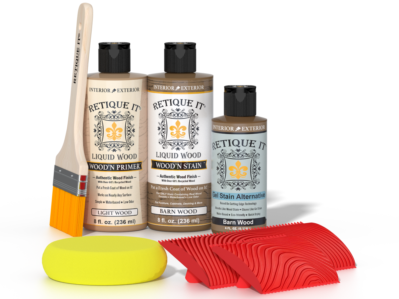 Retique It® Wood'n Finish Kit in Barn Wood with multiple tools and finishes for multi-purpose woodworking projects.