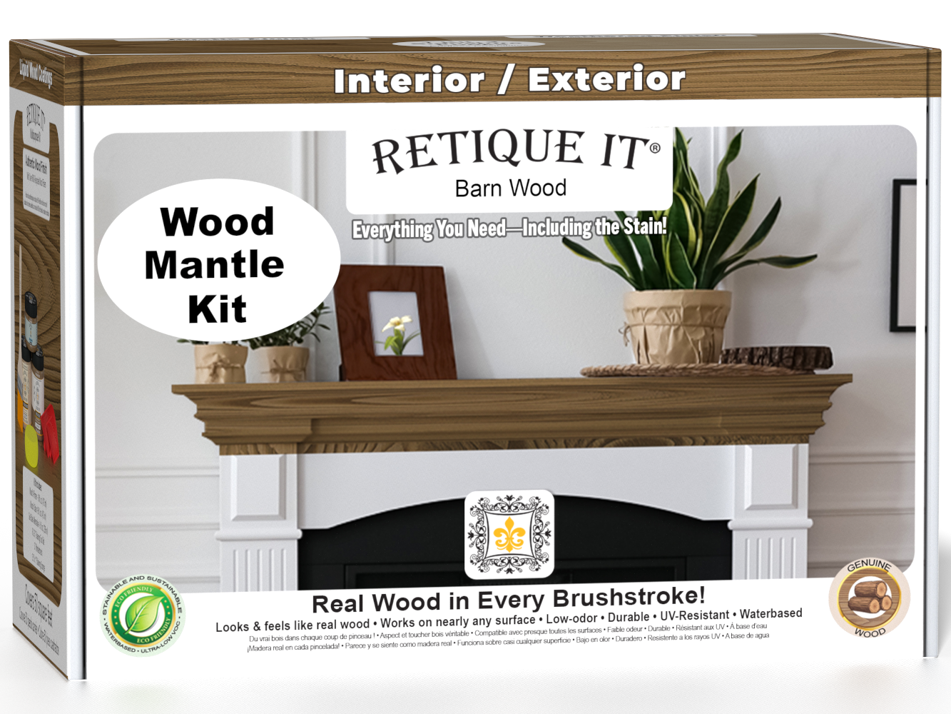 Retique It® Fireplace Mantel Wood'n Finish Kit in Barn Wood stain showing stained wood sample and application tools.