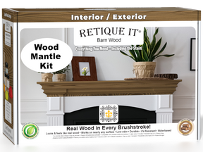 Retique It® Fireplace Mantel Wood'n Finish Kit in Barn Wood stain showing stained wood sample and application tools.