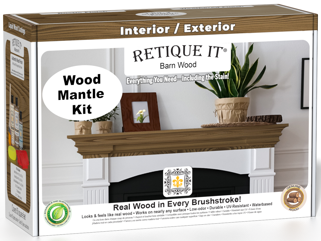 Retique It® Fireplace Mantel Wood'n Finish Kit in Barn Wood stain showing a wood finish sample for fireplace mantels.