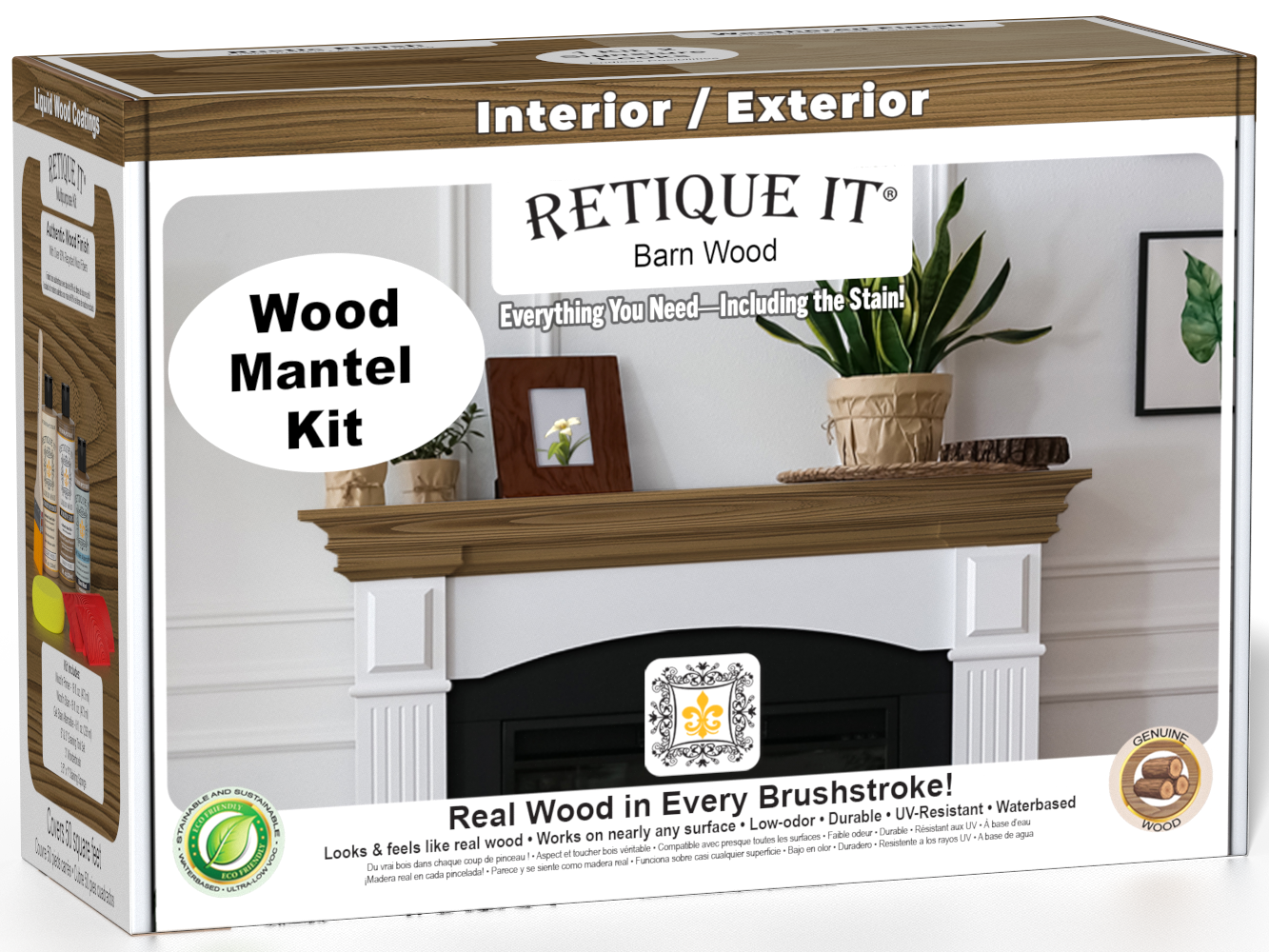 Retique It® Fireplace Mantel Wood'n Finish Kit in Barn Wood stain, showcasing the wood finish and application tools for fireplace mantels.